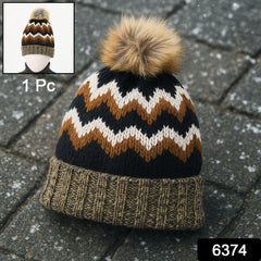 Winter Woolen Knitted Black Inside Fur Beanie Cap (1 Pc / Mix Design & Color)