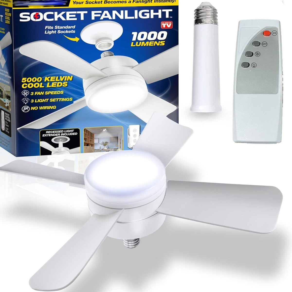 Original Cool LED Socket Fan Light 1000 Lumens 5000K Remote Controlled